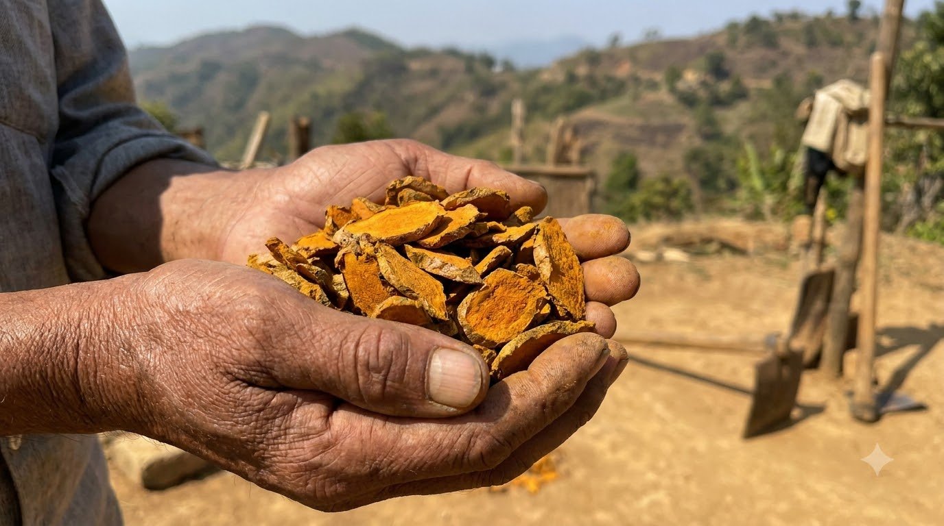 Freshly dug turmeric rhizomes at harvest in Meghalaya, showing the deep colour associated with the region's high-curcumin varieties