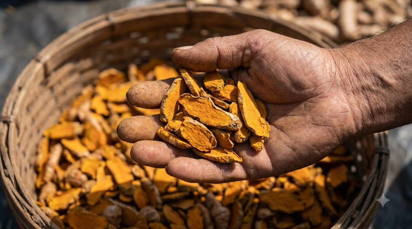 Freshly harvested Lakadong turmeric rhizomes graded at the farm before wholesale processing