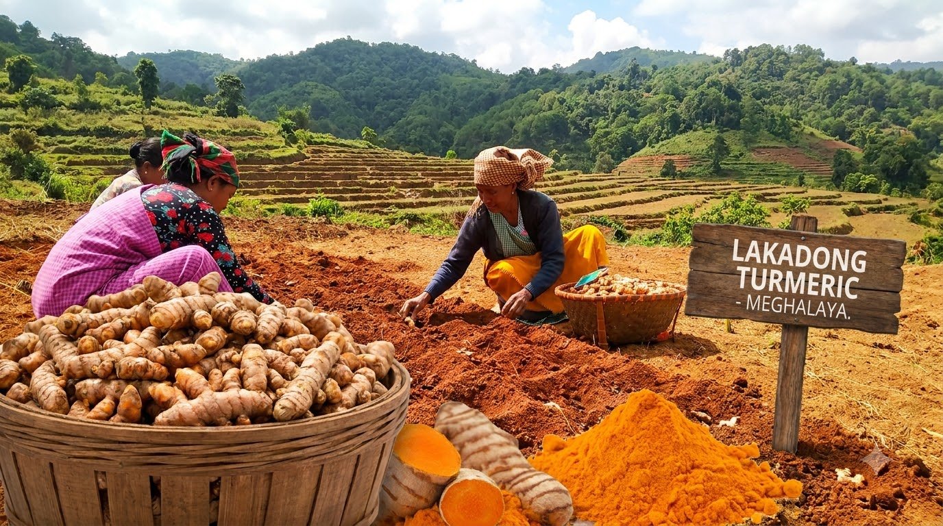 Bowl of deep golden Lakadong turmeric powder from the Jaintia Hills, Meghalaya