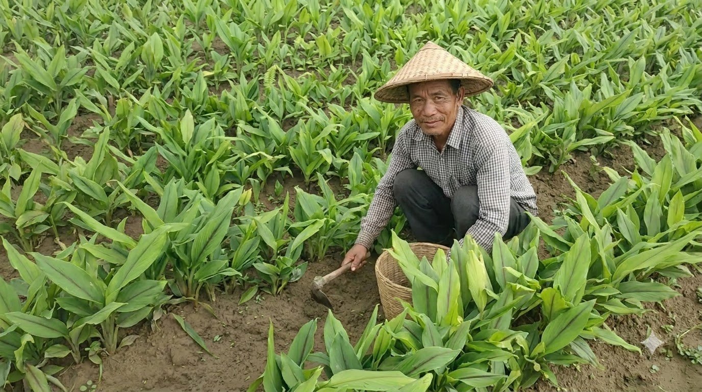 Certified organic turmeric farmland in the hills of Northeast India, the source region for an organic turmeric powder supplier's bulk shipments