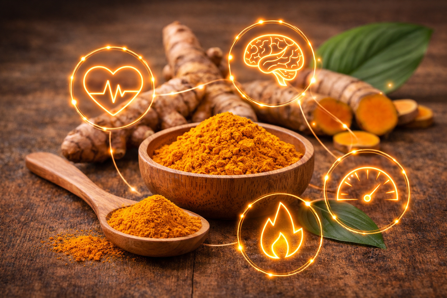 Golden curcumin-rich turmeric powder highlighting curcumin benefits for health