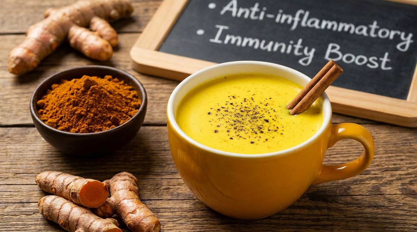 A warm cup of turmeric milk, also known as golden milk or haldi doodh, made with high-curcumin turmeric